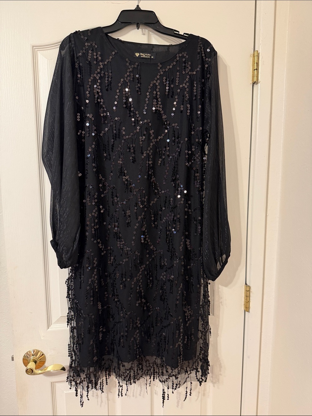 Lillie Rubin Black Sequin Fringe Long Sleeve Dress